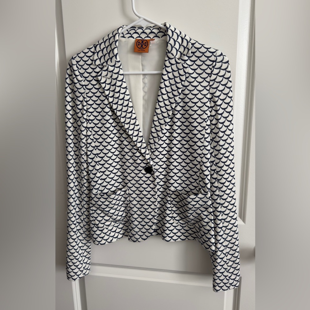 Tory Burch Navy and White Rayon Jacket. Size Small